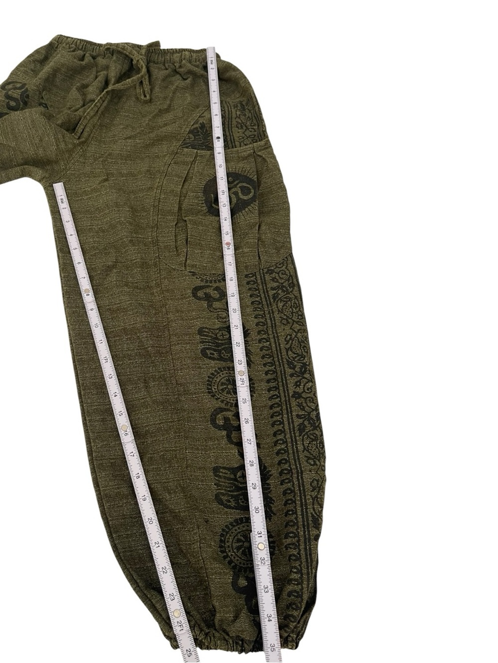 D&T Nepal Harem Pants Olive Green Om Print Cargo Yoga Boho Unisex Cotton M - Picture 3 of 9